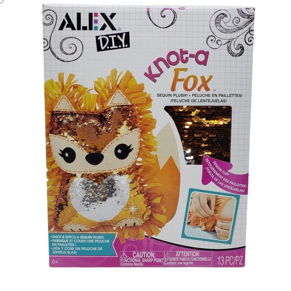 Alex DIY Knot-A Fox Sequin Plush Kids Craft Kit 13 Pieces Stuffed Animal